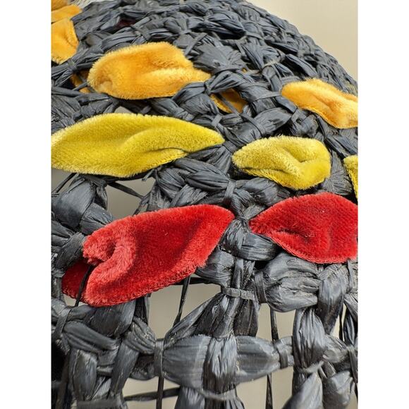 Vintage 1950s Schiaparelli Paris Open Weave Straw Hat Velvet Leaves Ribbon Beret